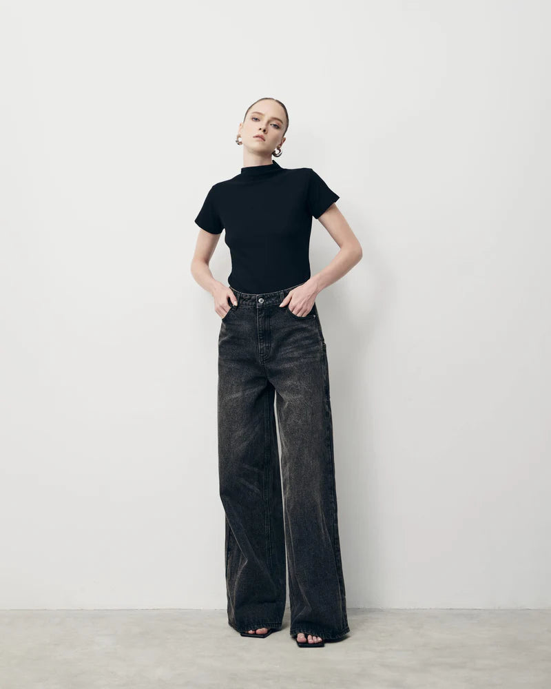 D600 Loose Fit High Waist Wide Leg Jeans - Vintage Dark Grey