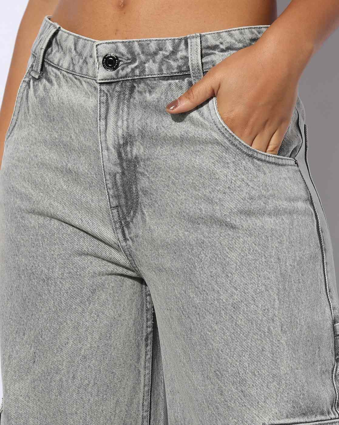 Zara Cargo High-Waist Wide-Leg Jeans - Grey