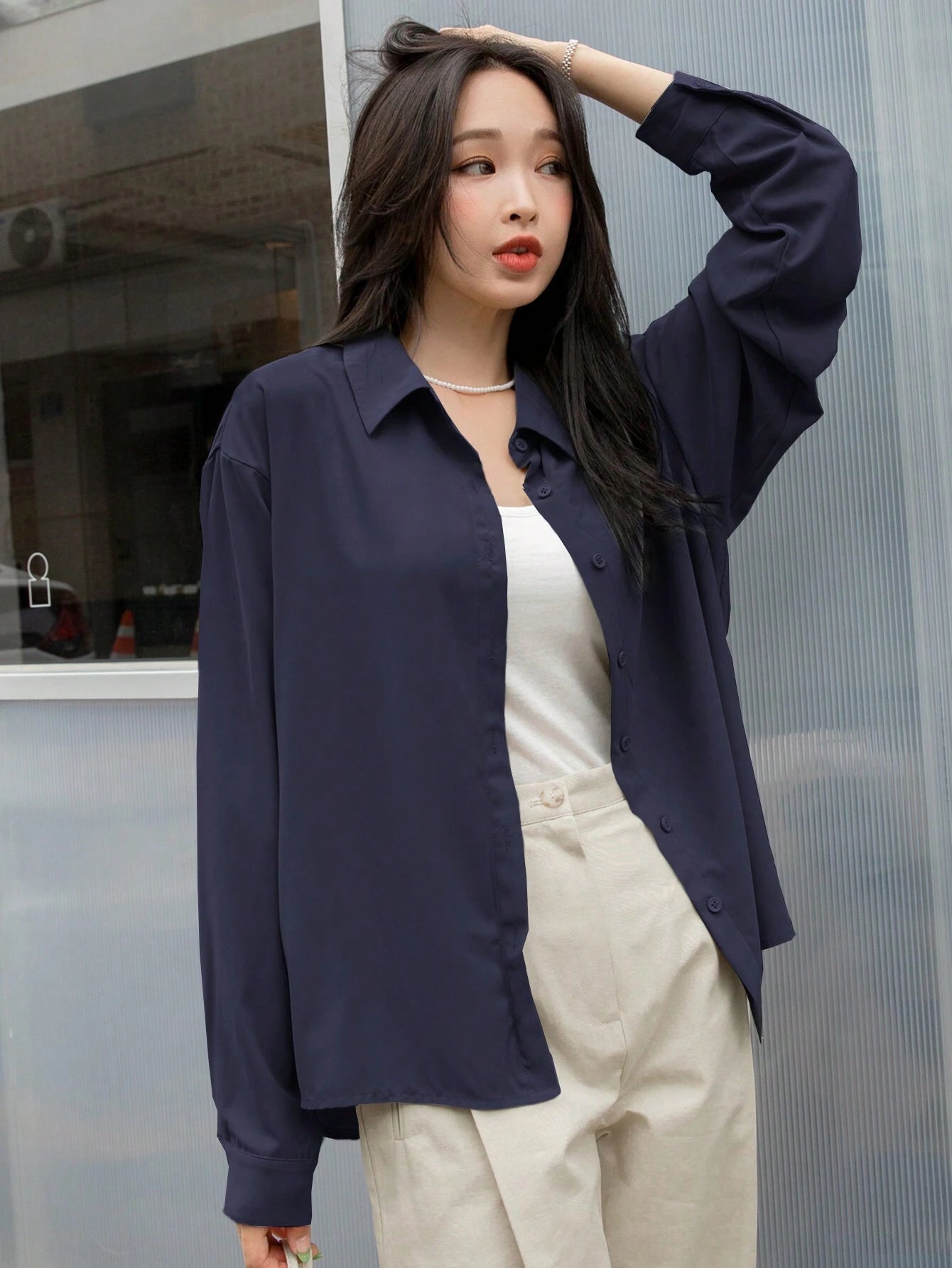 D600 Oversized Essentials Shirt – Navy Blue
