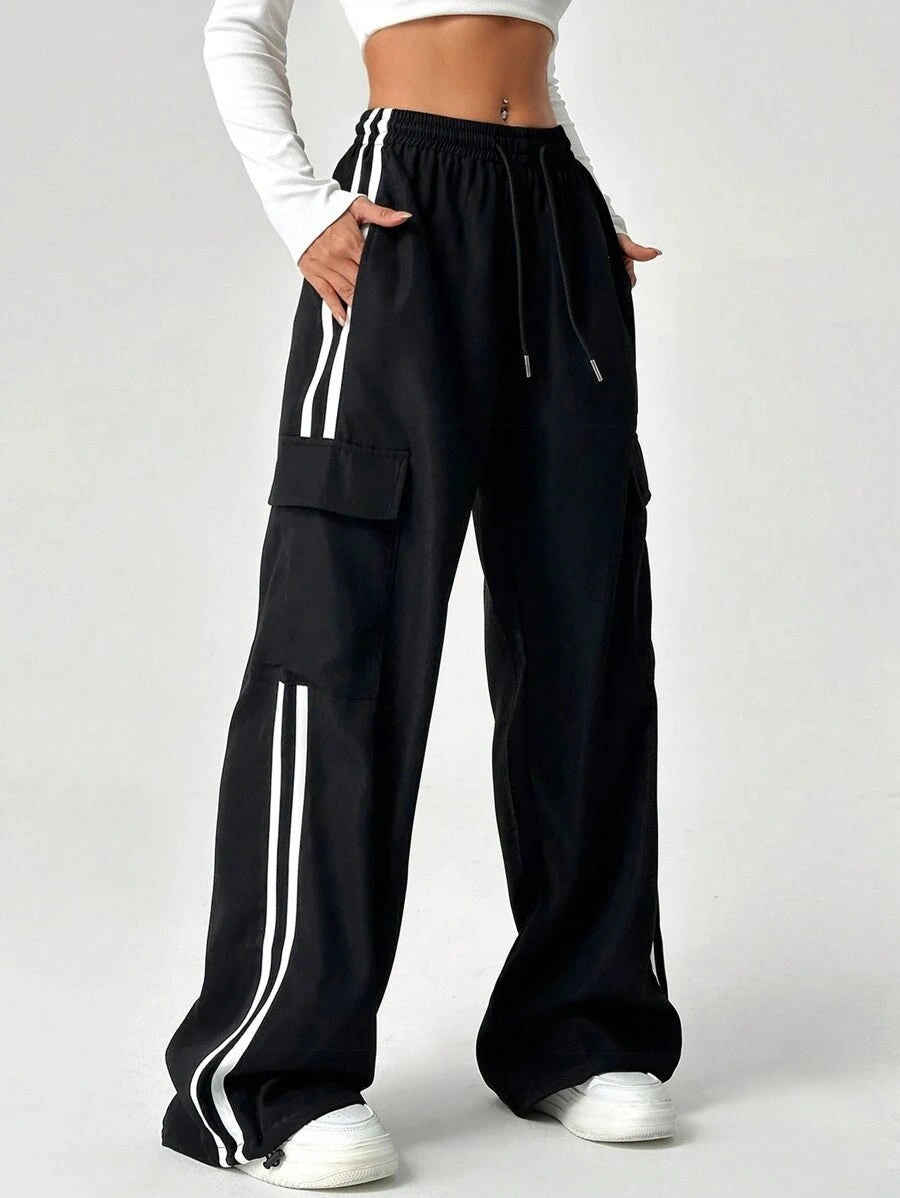 D600 Pure Black Stripe Cargo Wide-Leg Trouser