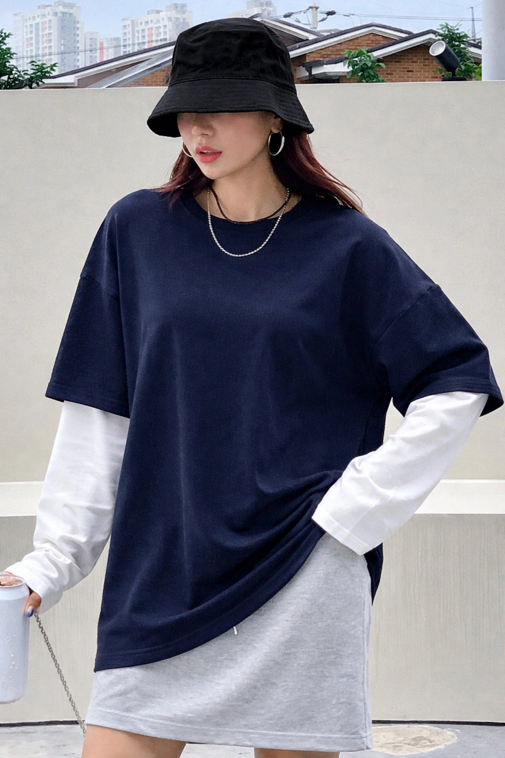 Oversized Layered T-Shirt - Navy Blue