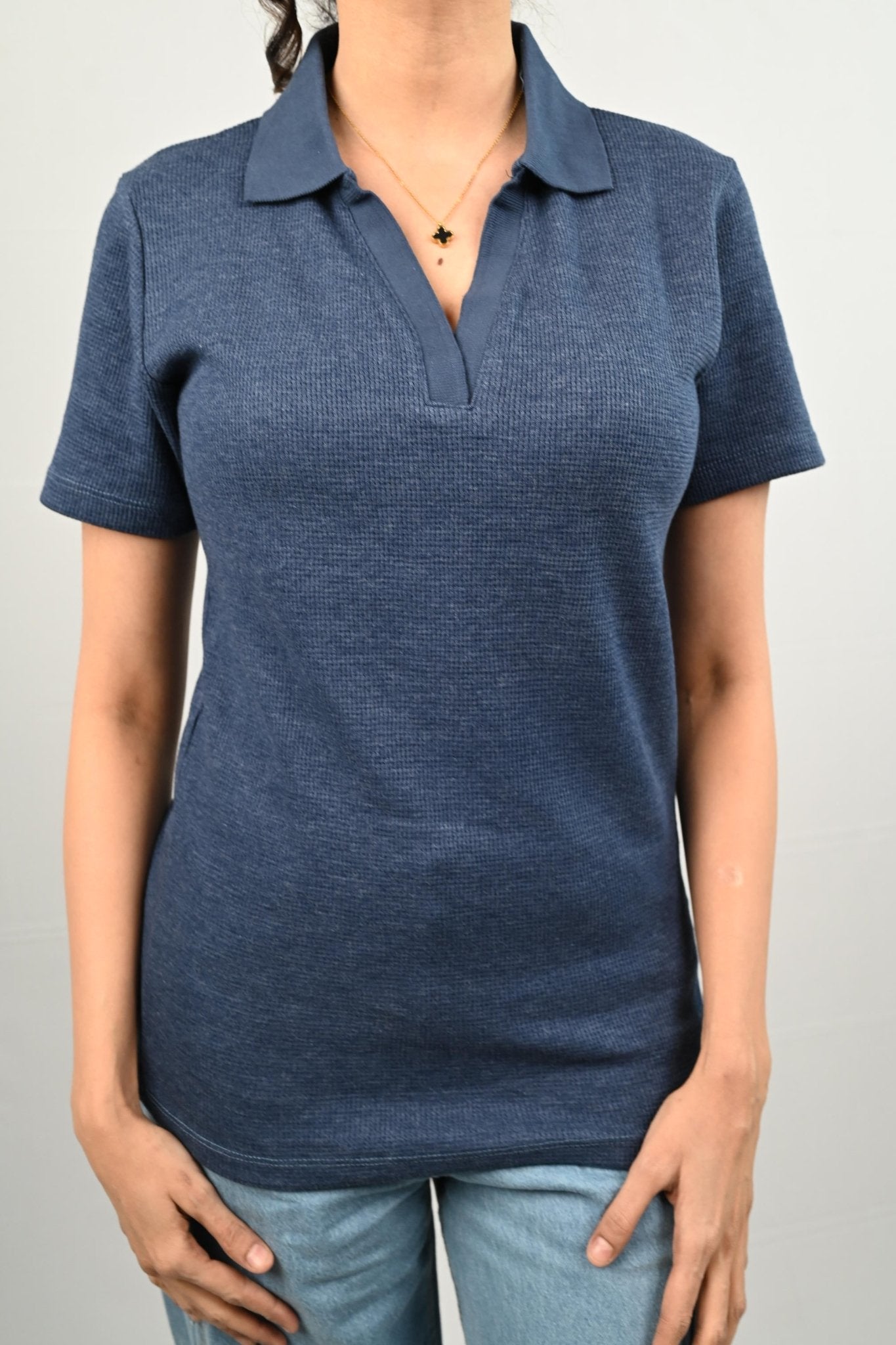 D600 Down Collar Ribbed Knit Polo Tee - Blue (Short Sleeves)