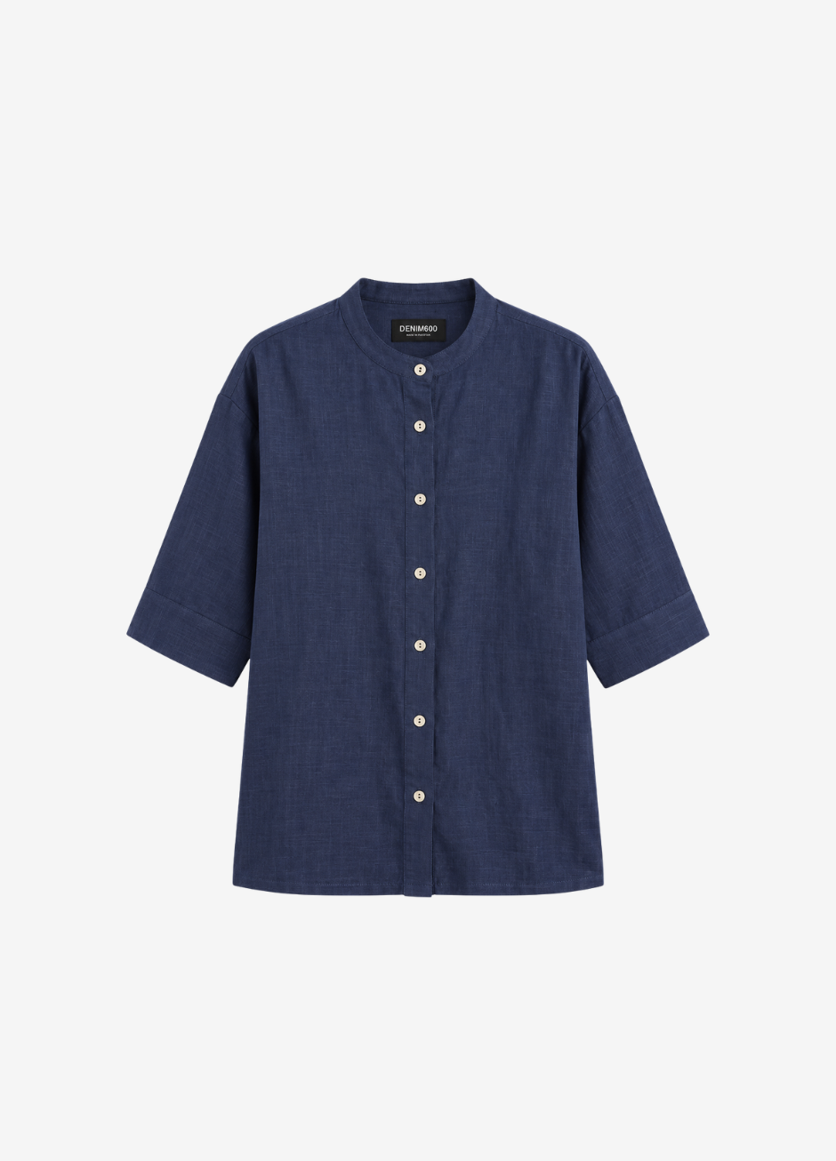 Band Collar Relaxed Fit Shirt - Navy Blue
