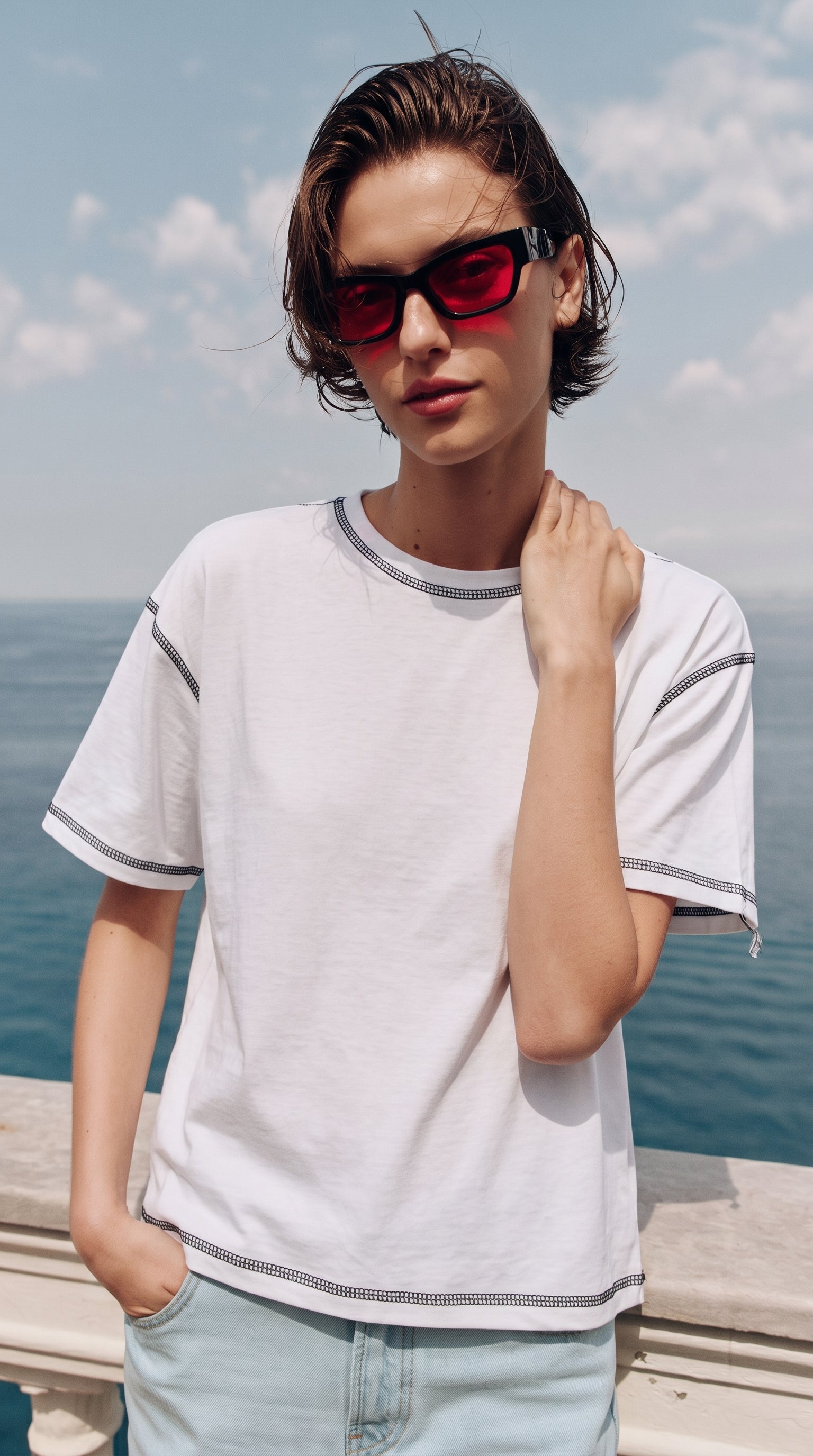 Oversized Contrast Stitch Tee | White
