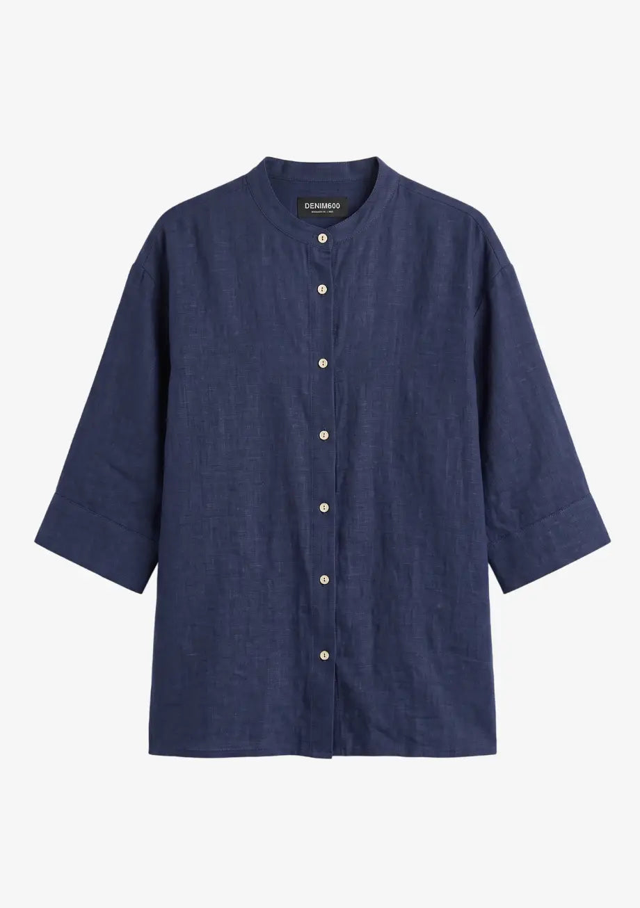 Band Collar Relaxed Fit Shirt - Navy Blue