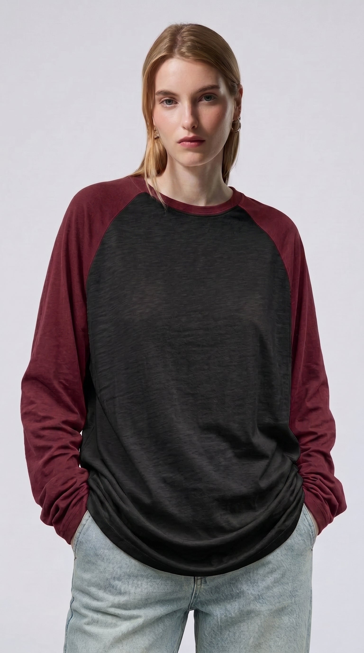 Contrast Raglan Sleeve Top | Black/Maroon