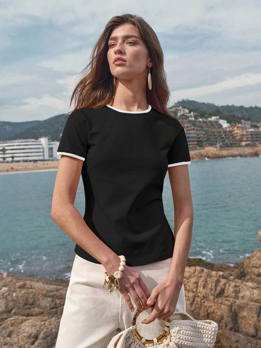 Contrast Trim T-Shirt - Black