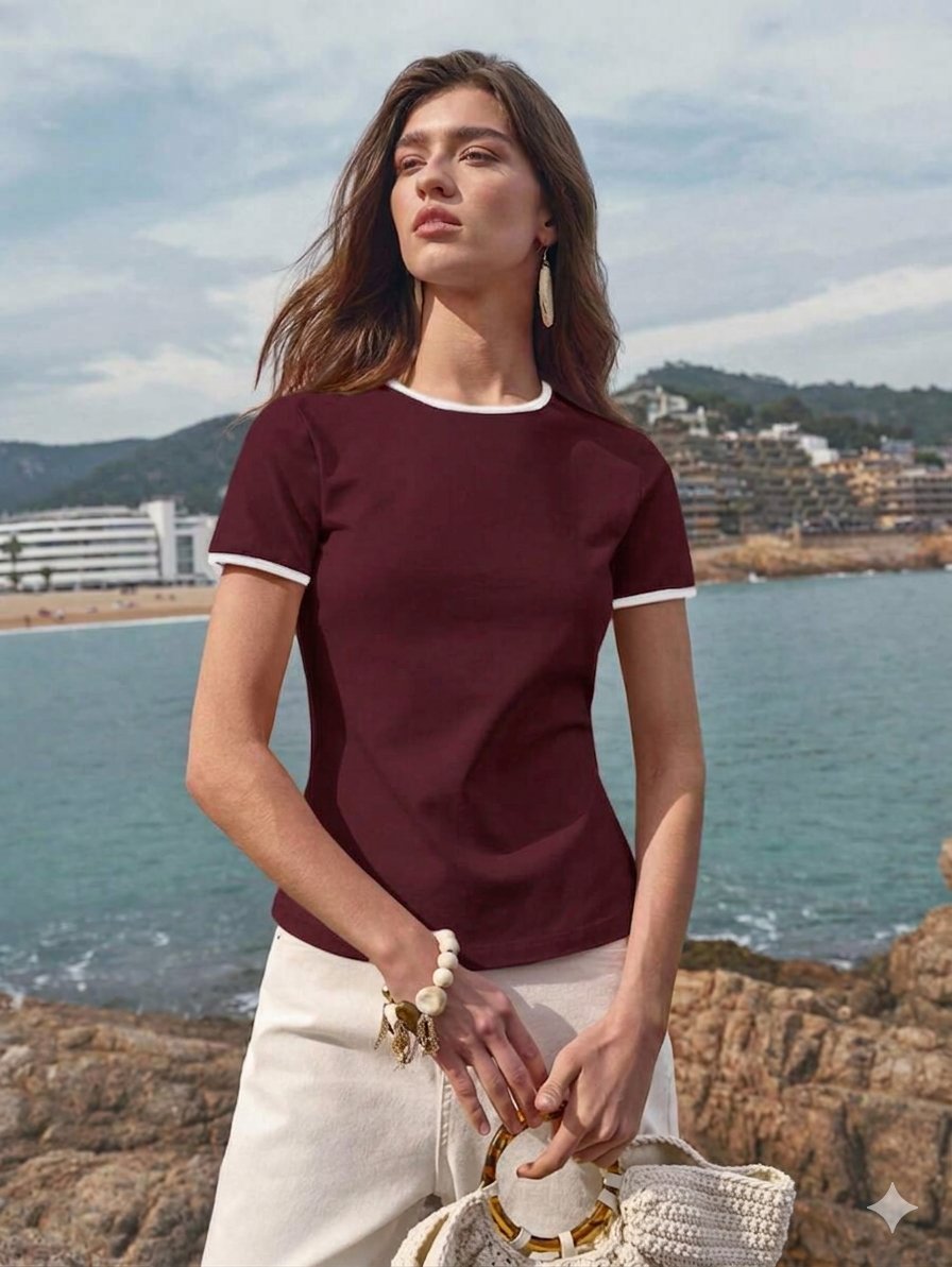 Contrast Trim T-Shirt - Maroon