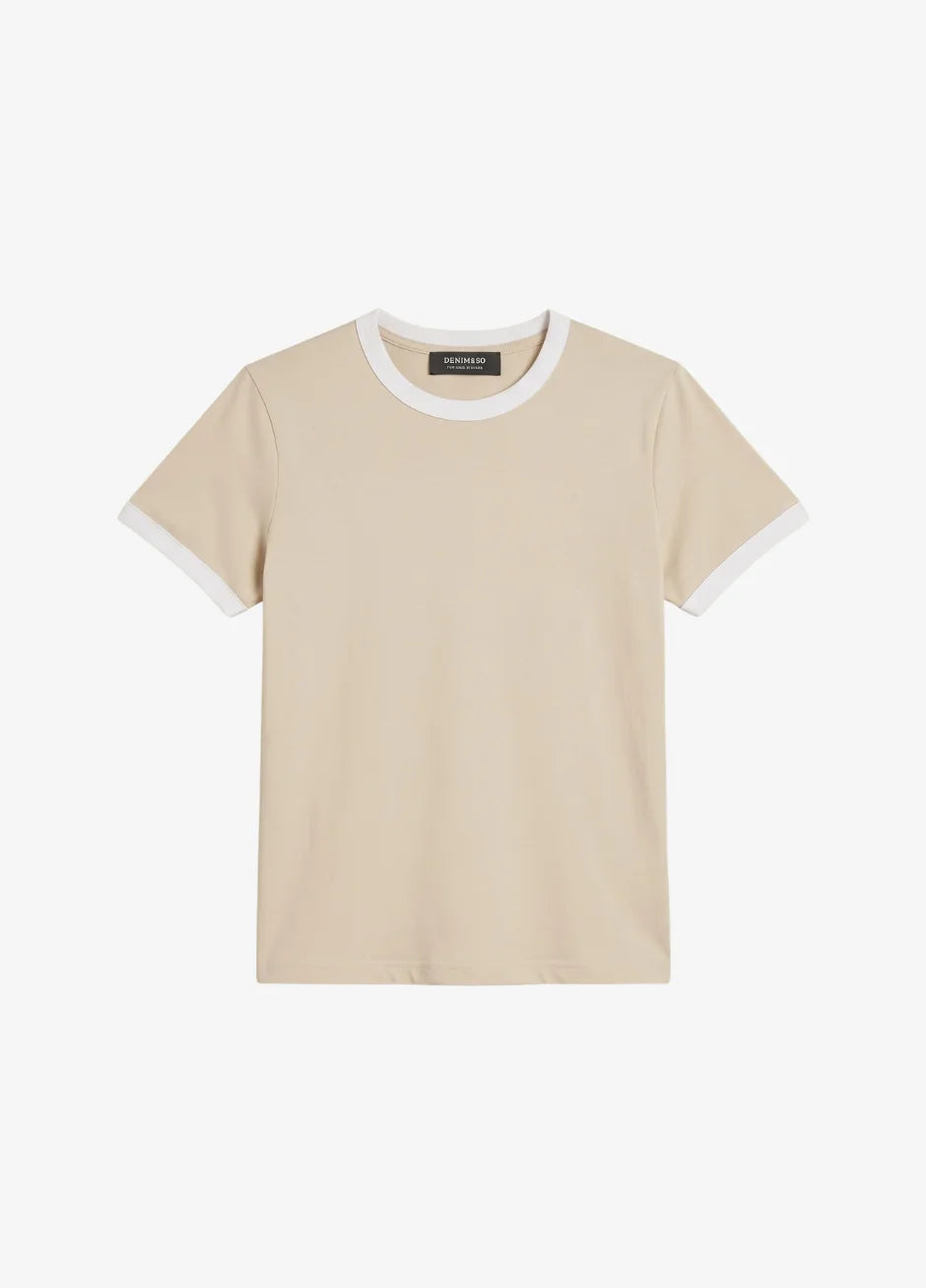 Contrast Trim T-Shirt - Beige