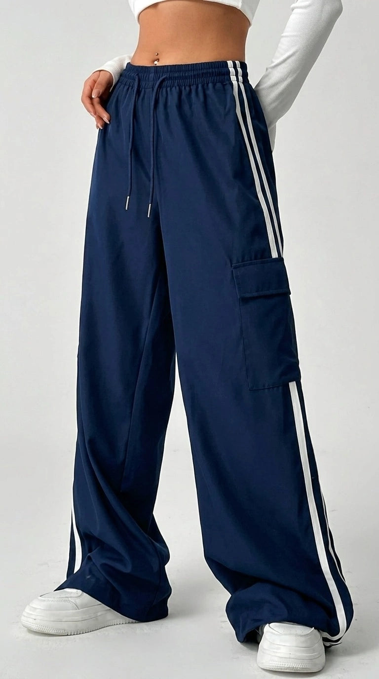 D600 Stripe Cargo Wide-Leg Trouser | Navy Blue