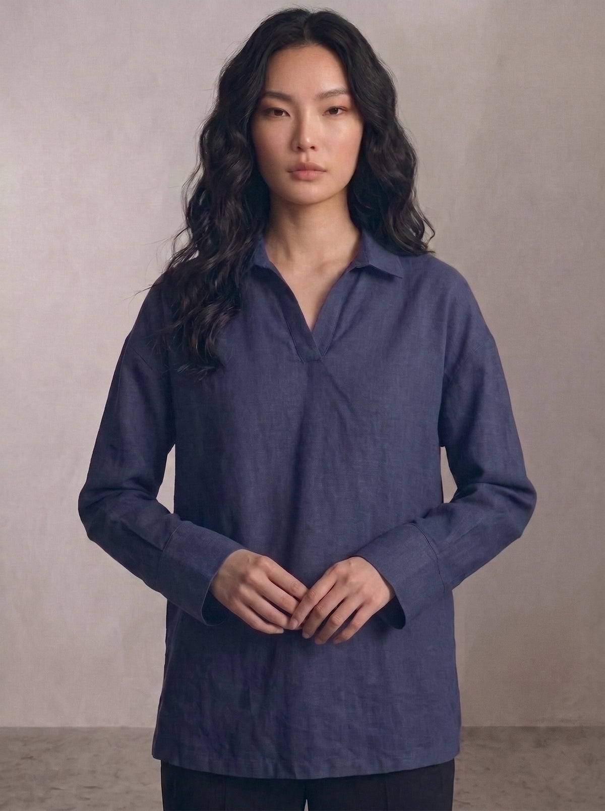 Oversized V-Neck Collar Shirt - Navy Blue