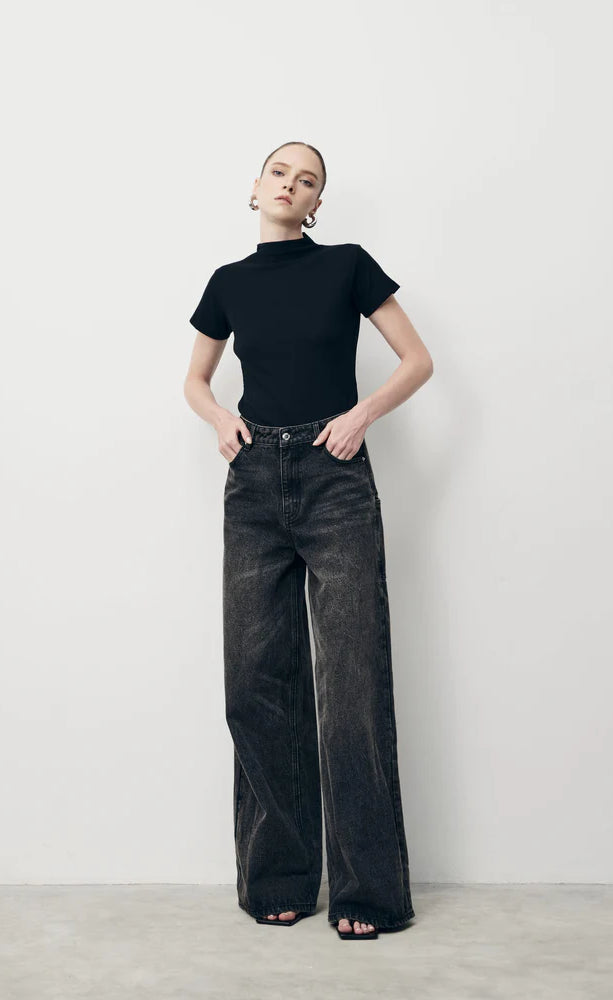 D600 Loose Fit High Waist Wide Leg Jeans - Vintage Dark Grey