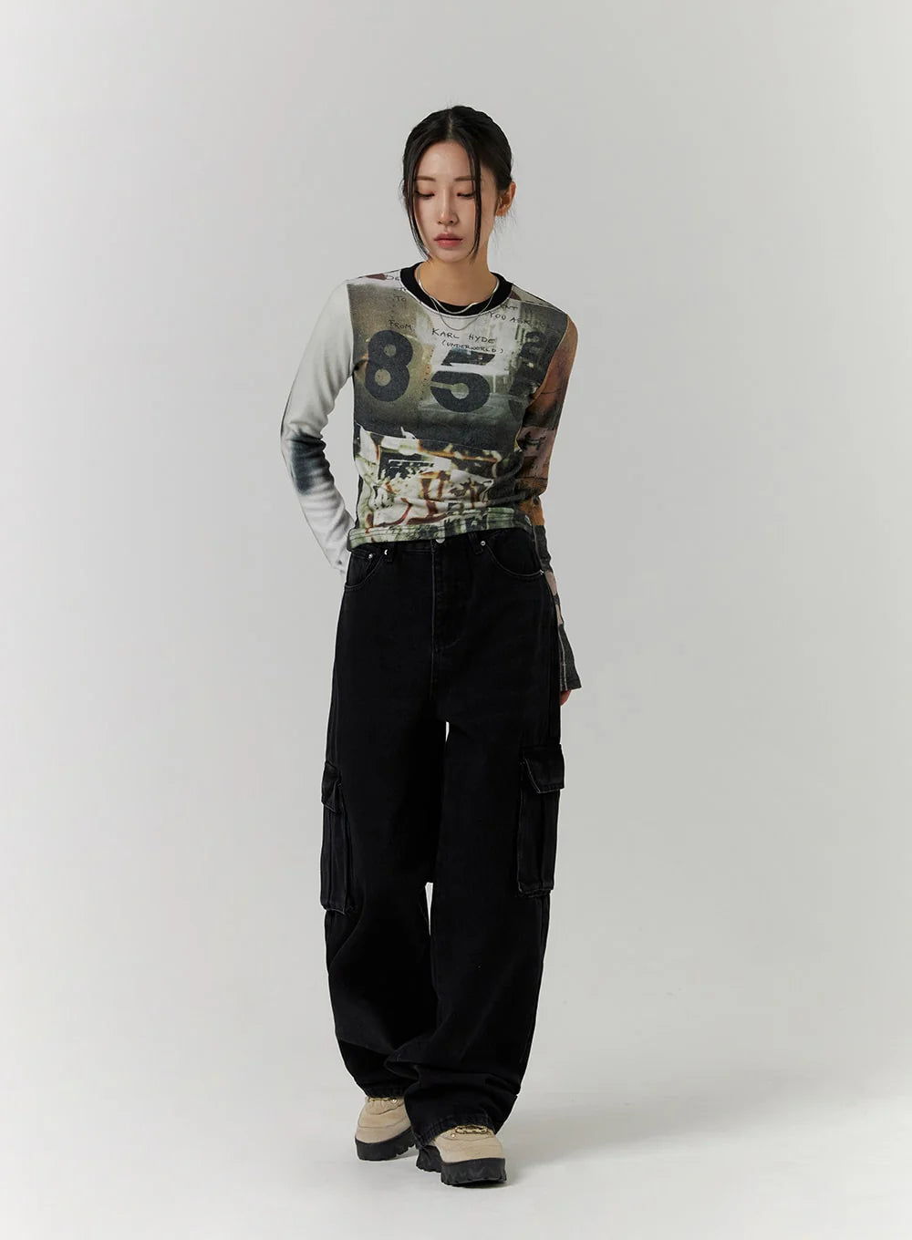 Premium Black Cargo Wide Leg Jeans