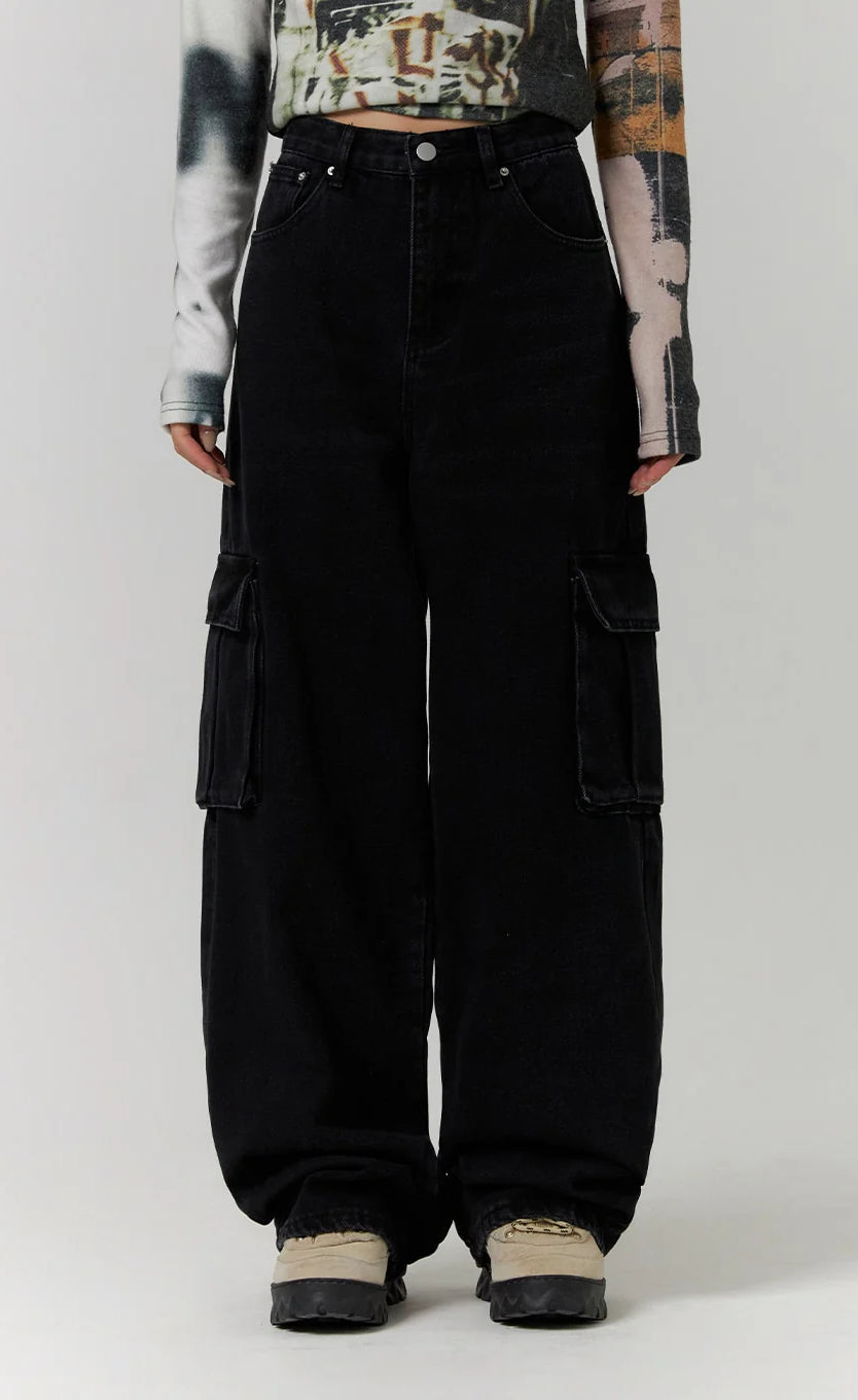 Premium Black Cargo Wide Leg Jeans