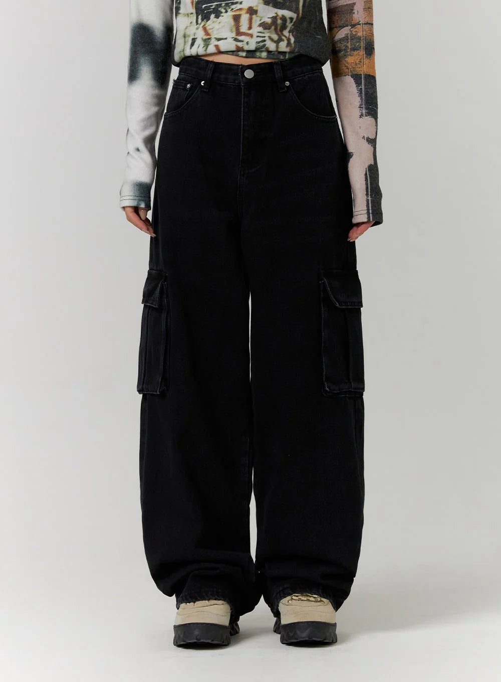Premium Black Cargo Wide Leg Jeans