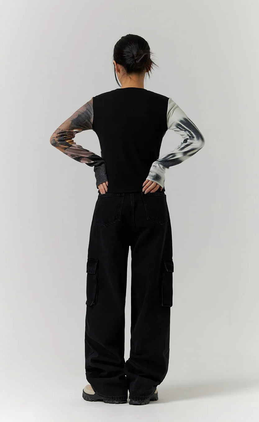 Premium Black Cargo Wide Leg Jeans