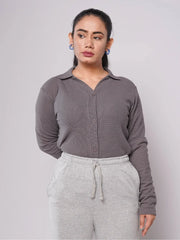 Button Up Ribbed Knit Shirt - Charcoal Grey (Full Sleeves)