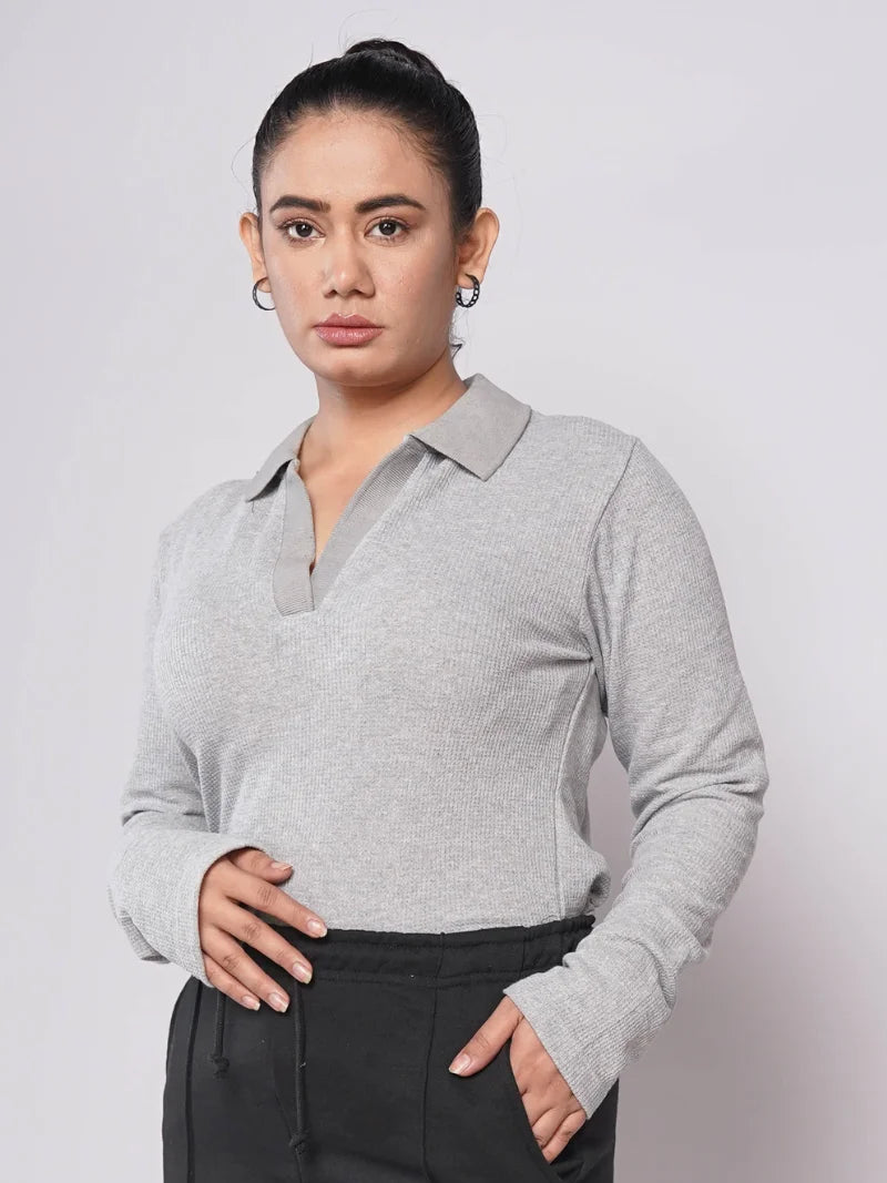 Johnny Collar Ribbed Knit Polo - Grey (Full Sleeves)