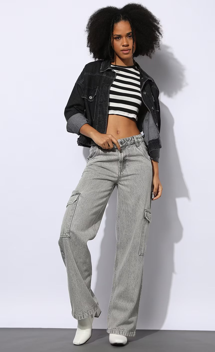 Zara Cargo High-Waist Wide-Leg Jeans - Grey