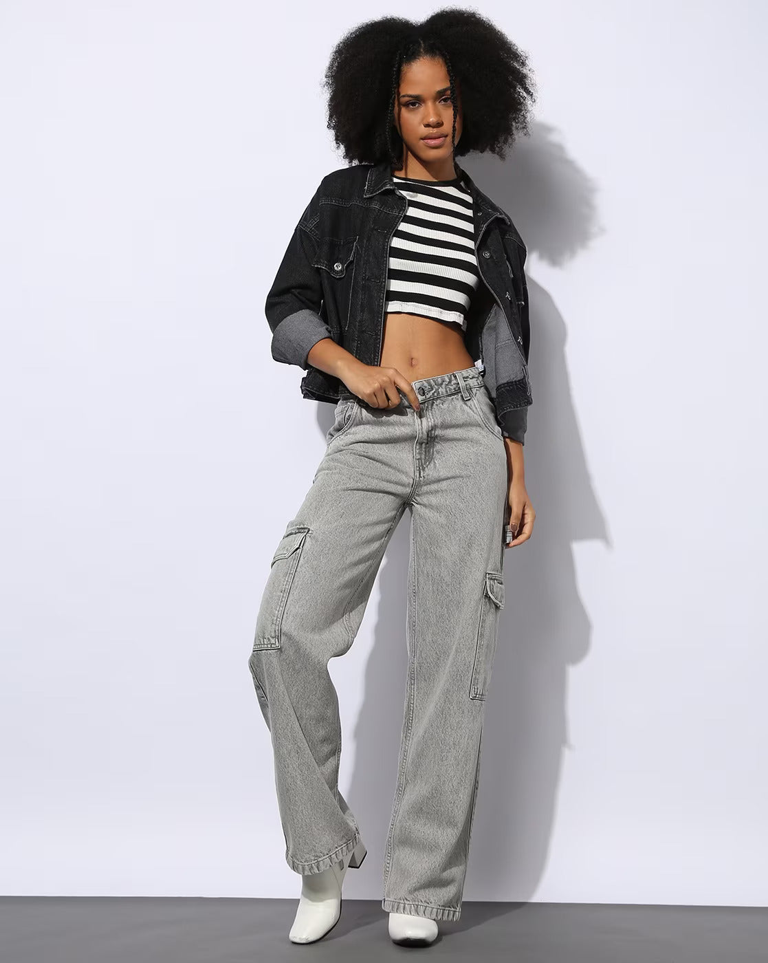 Zara Cargo High-Waist Wide-Leg Jeans - Grey