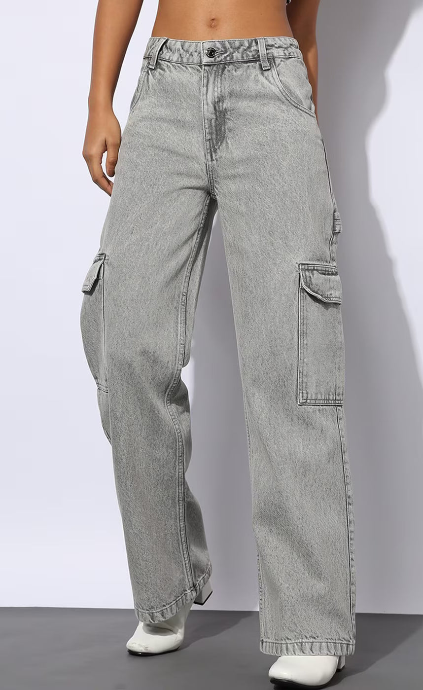 Zara Cargo High-Waist Wide-Leg Jeans - Grey