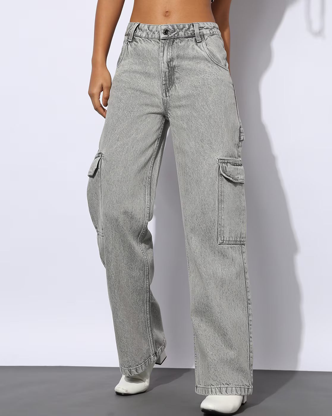 Zara Cargo High-Waist Wide-Leg Jeans - Grey