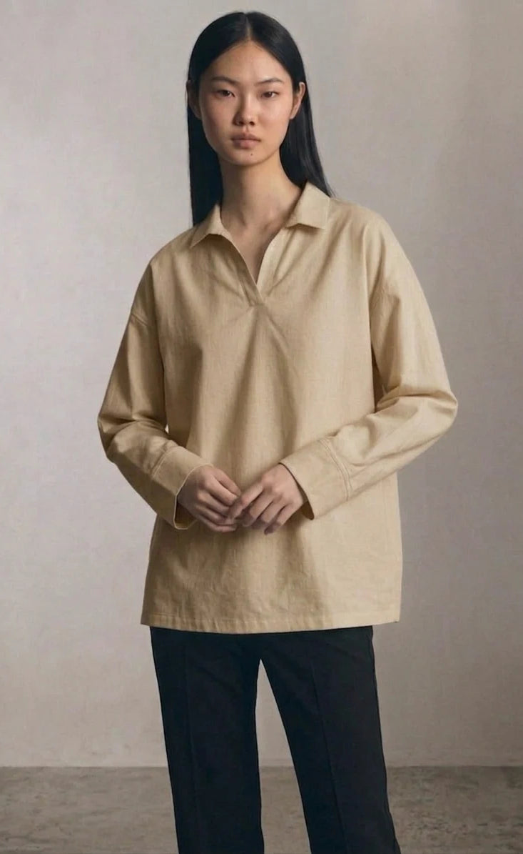 Oversized V-Neck Collar Shirt - Beige