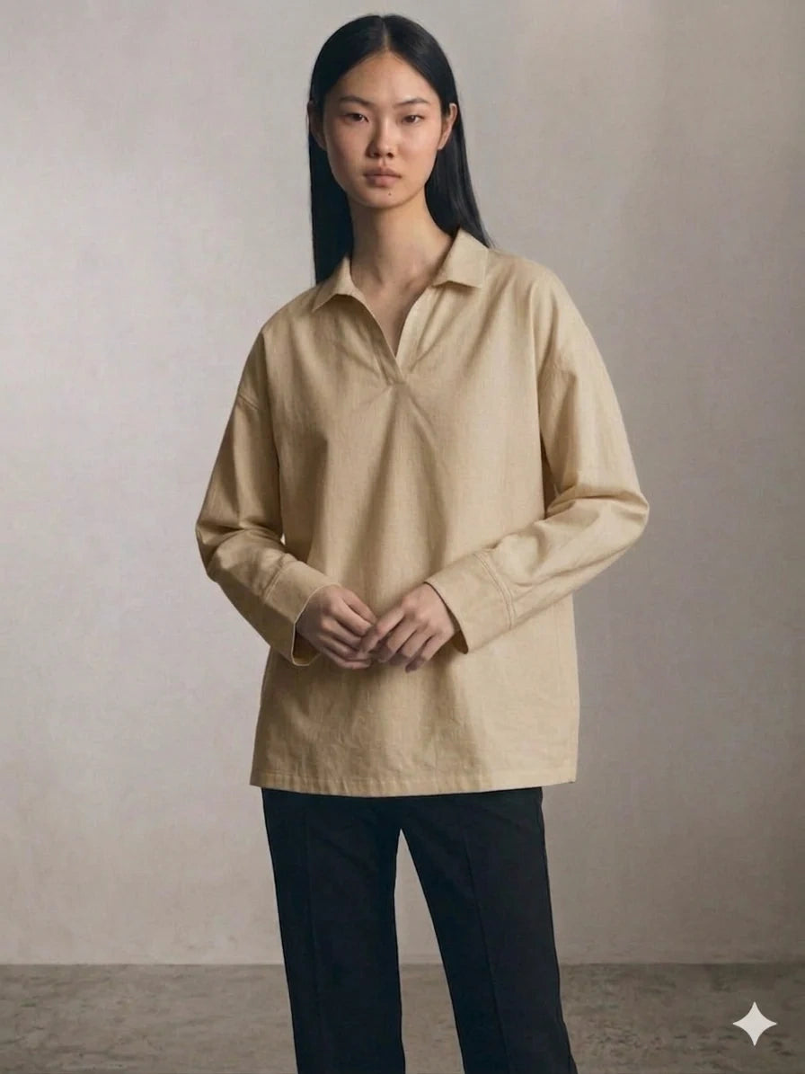 Oversized V-Neck Collar Shirt - Beige