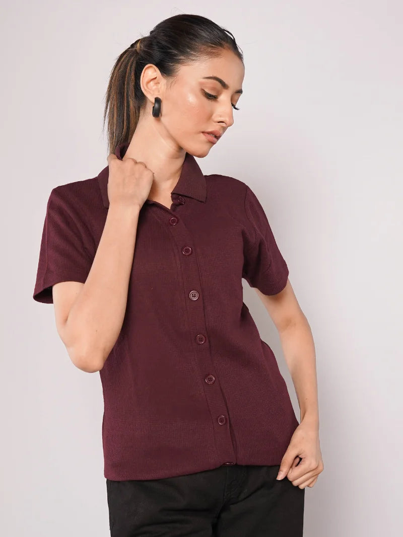 Button Up Ribbed Knit Shirt - Maroon (Short Sleeves)