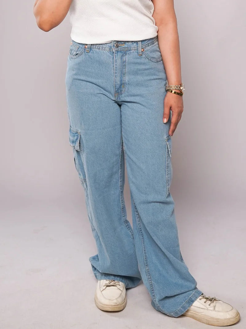 D600 - Ice Blue High Waist Wide Leg Cargo Jeans