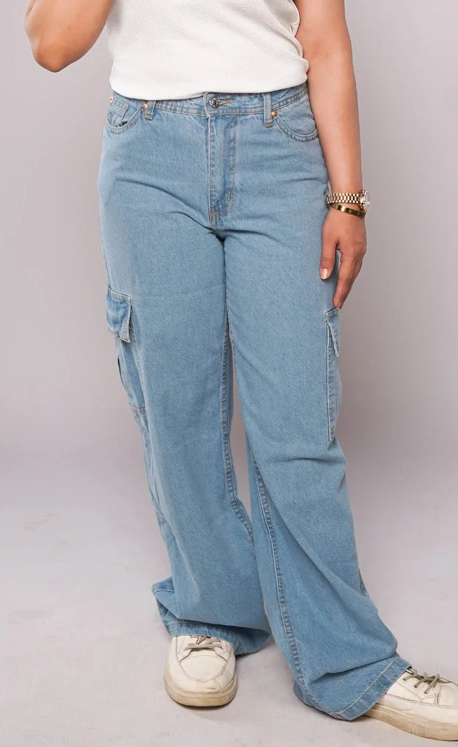 D600 - Ice Blue High Waist Wide Leg Cargo Jeans
