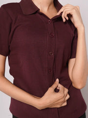 Button Up Ribbed Knit Shirt - Maroon (Short Sleeves)