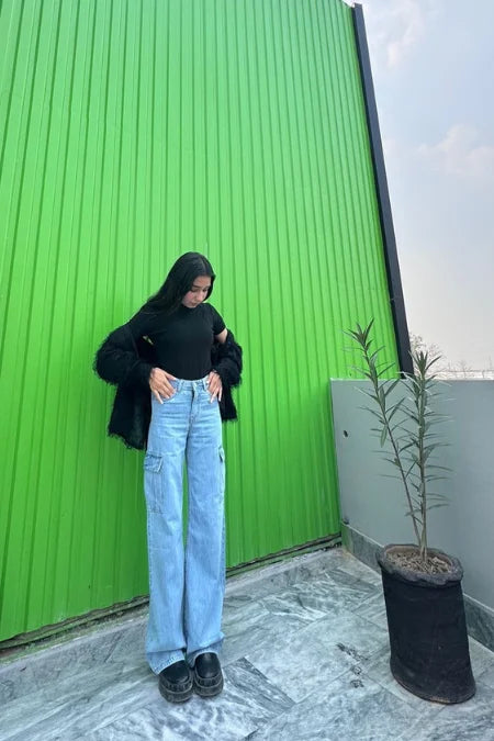 Ice Blue Cargo High-Waist Wide-Leg Jeans