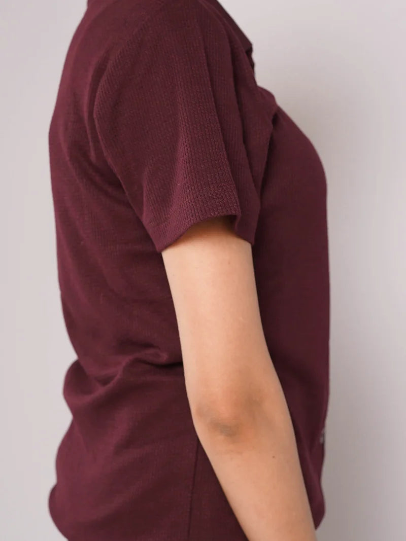 Button Up Ribbed Knit Shirt - Maroon (Short Sleeves)