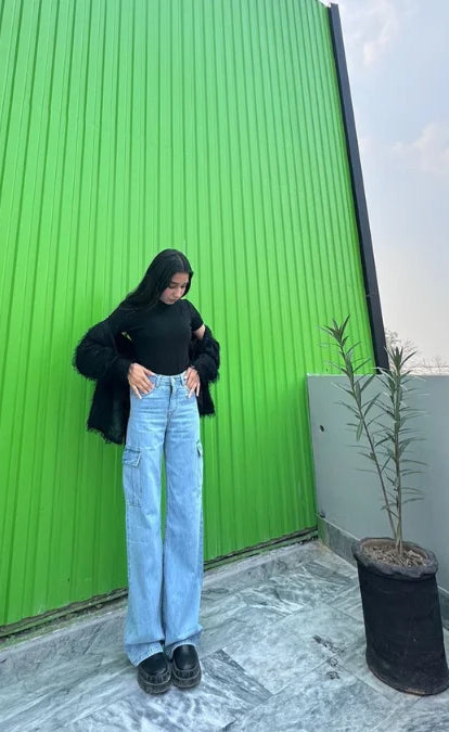 Ice Blue Cargo High-Waist Wide-Leg Jeans (MINOR FAULT)
