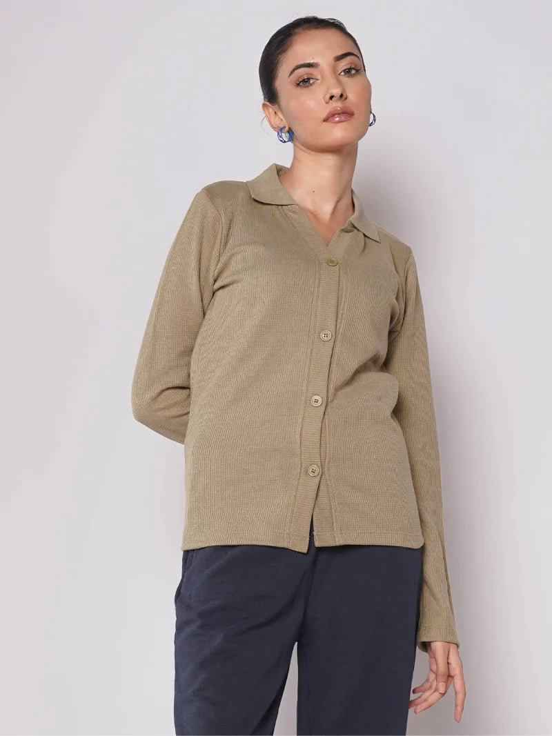 Button Up Ribbed Knit Shirt - Olive (Full Sleeves)