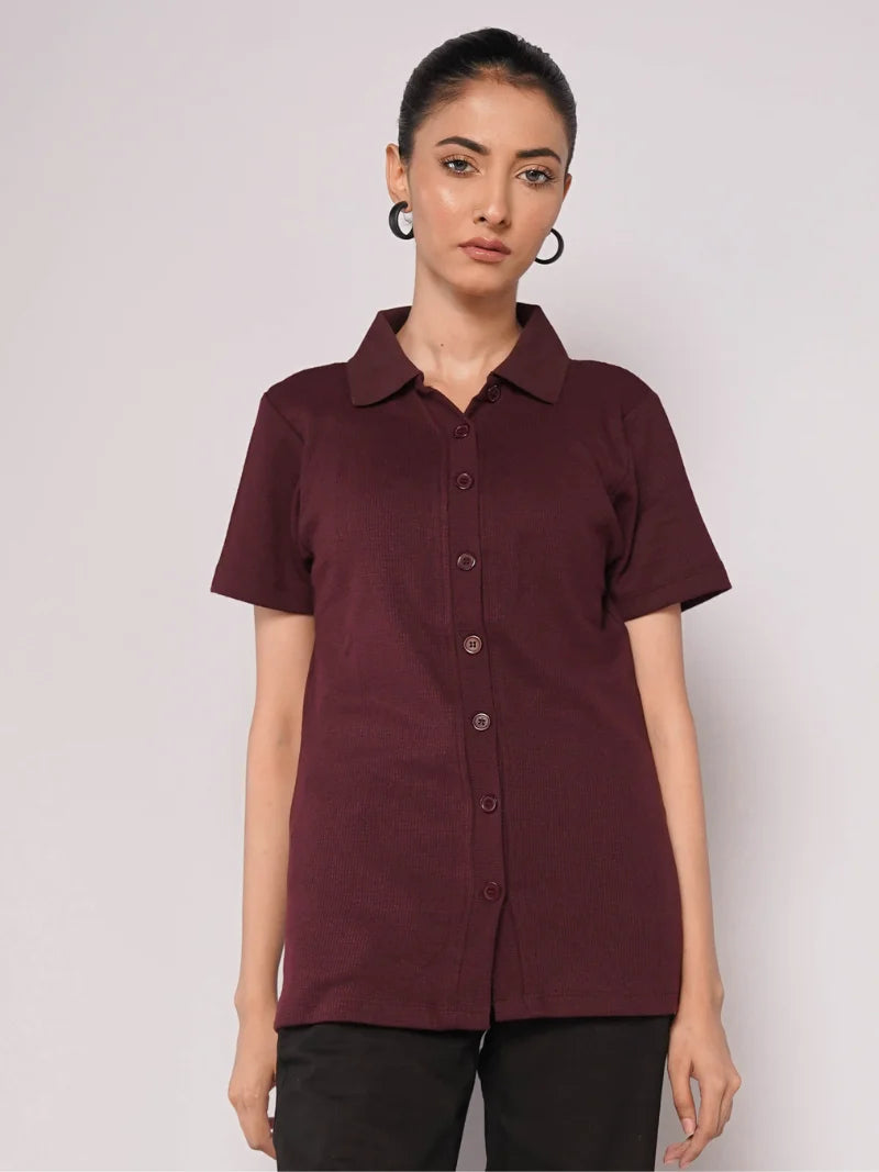 Button Up Ribbed Knit Shirt - Maroon (Short Sleeves)