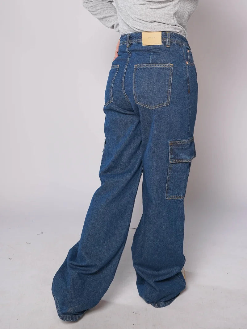 D600 - Indigo Blue High Waist Wide Leg Cargo Jeans