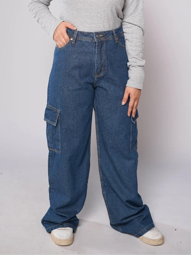 D600 - Indigo Blue High Waist Wide Leg Cargo Jeans