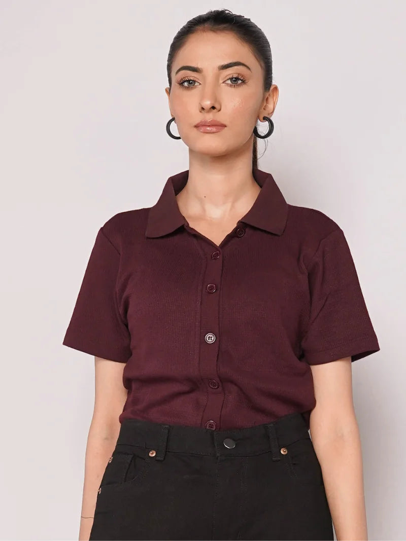 Button Up Ribbed Knit Shirt - Maroon (Short Sleeves)