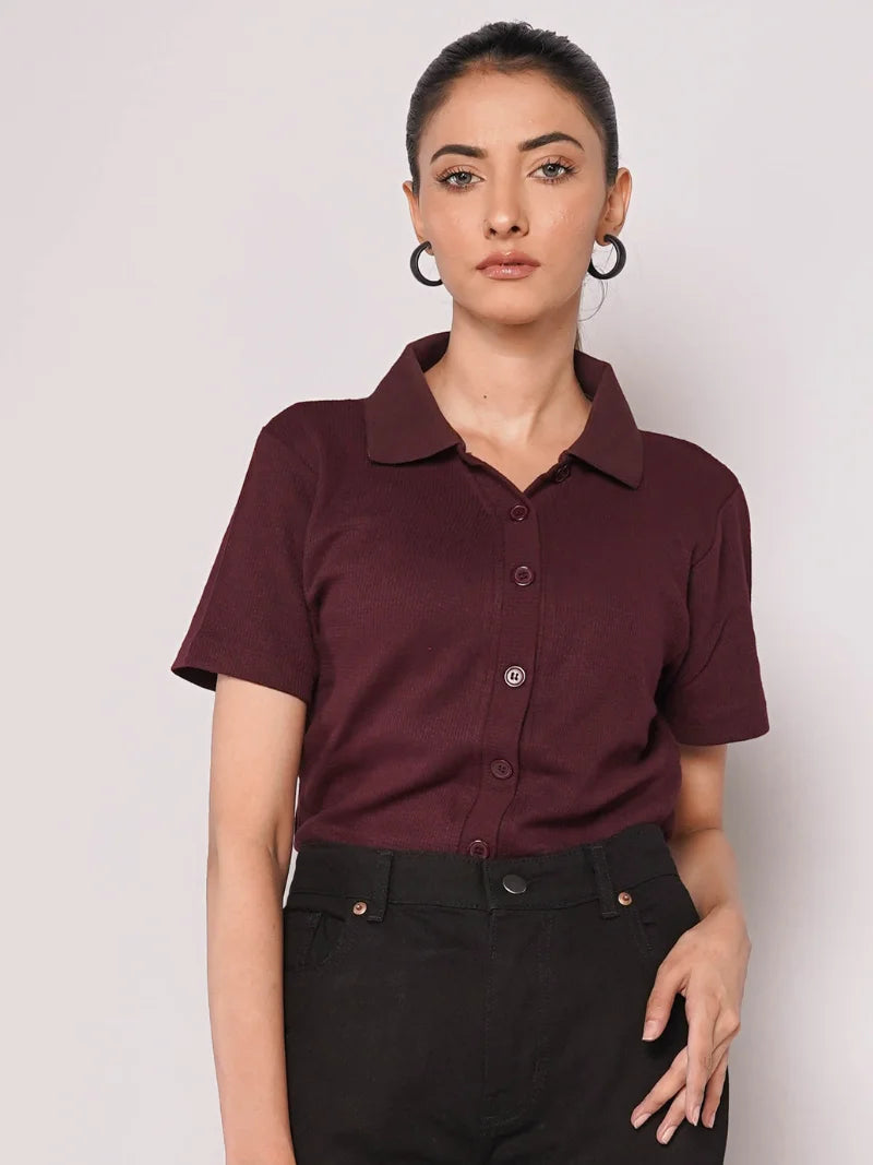 Button Up Ribbed Knit Shirt - Maroon (Short Sleeves)