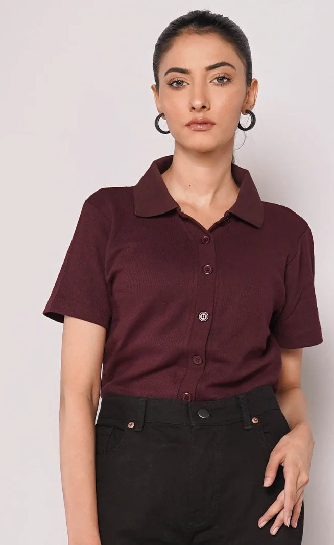 Button Up Ribbed Knit Shirt - Maroon (Short Sleeves)