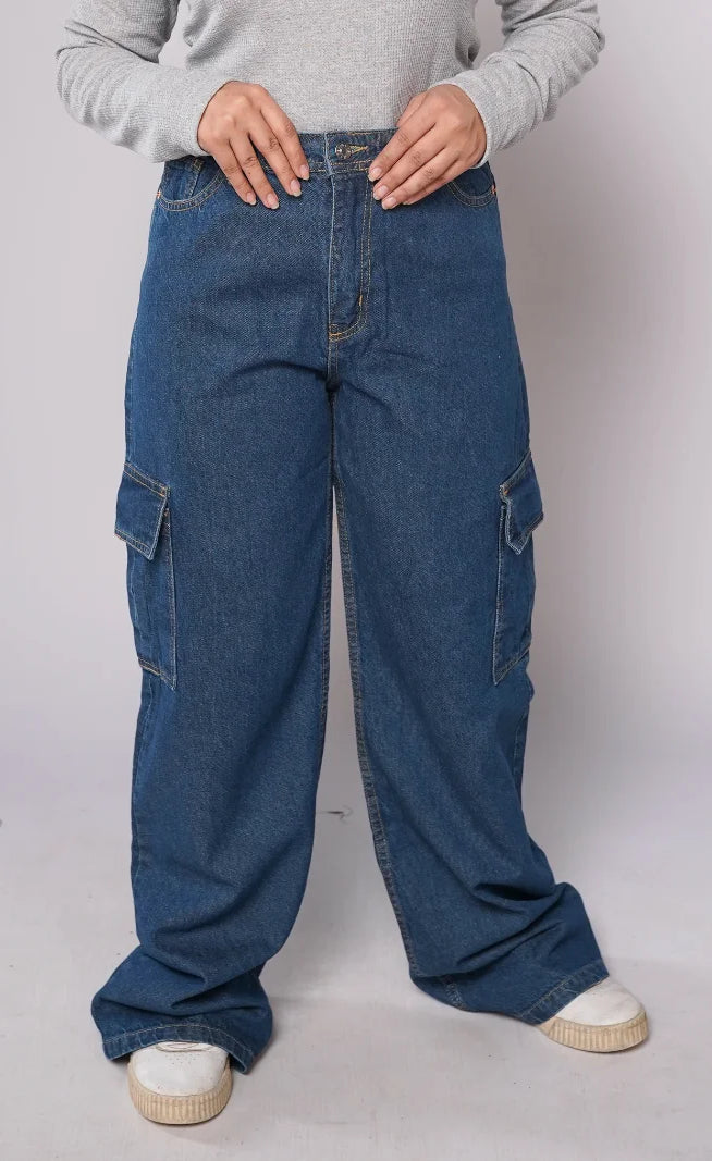 D600 - Indigo Blue High Waist Wide Leg Cargo Jeans