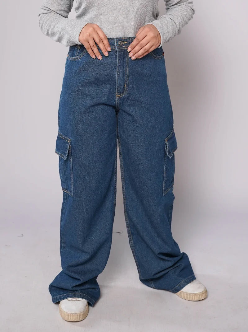 D600 - Indigo Blue High Waist Wide Leg Cargo Jeans