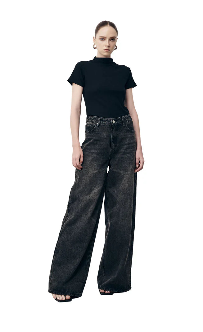 D600 Loose Fit High Waist Wide Leg Jeans - Vintage Dark Grey