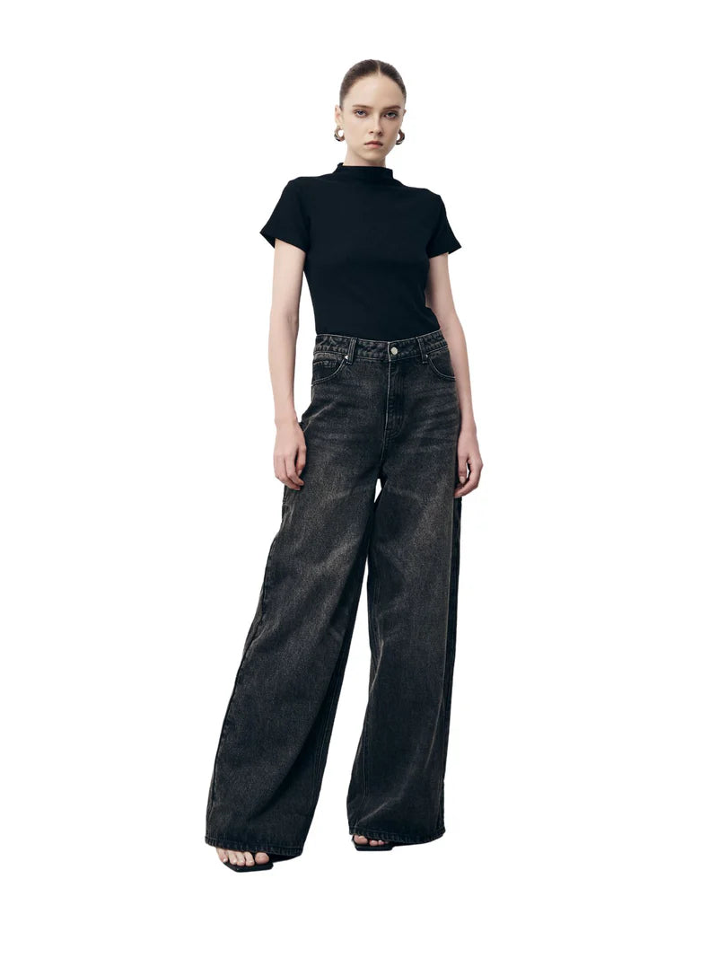 D600 Loose Fit High Waist Wide Leg Jeans - Vintage Dark Grey