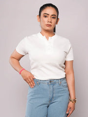 Band Collar Button Ribbed Knit TEE - White (Short Sleeves)