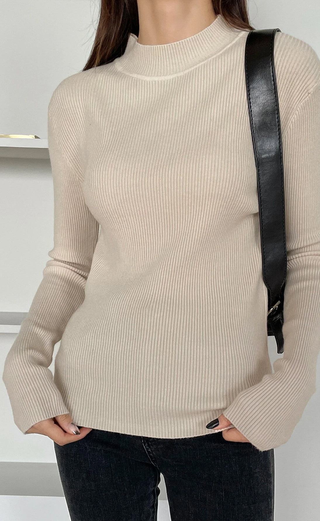 D600 Mock Neck Ribbed Knit Top - Beige (Full Sleeves)