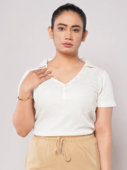 Low-Cut Button Ribbed Knit Polo - White (Short Sleeves)