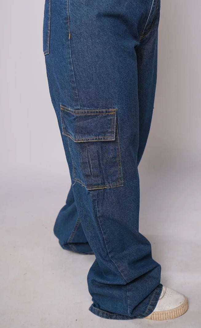 D600 - Indigo Blue High Waist Wide Leg Cargo Jeans